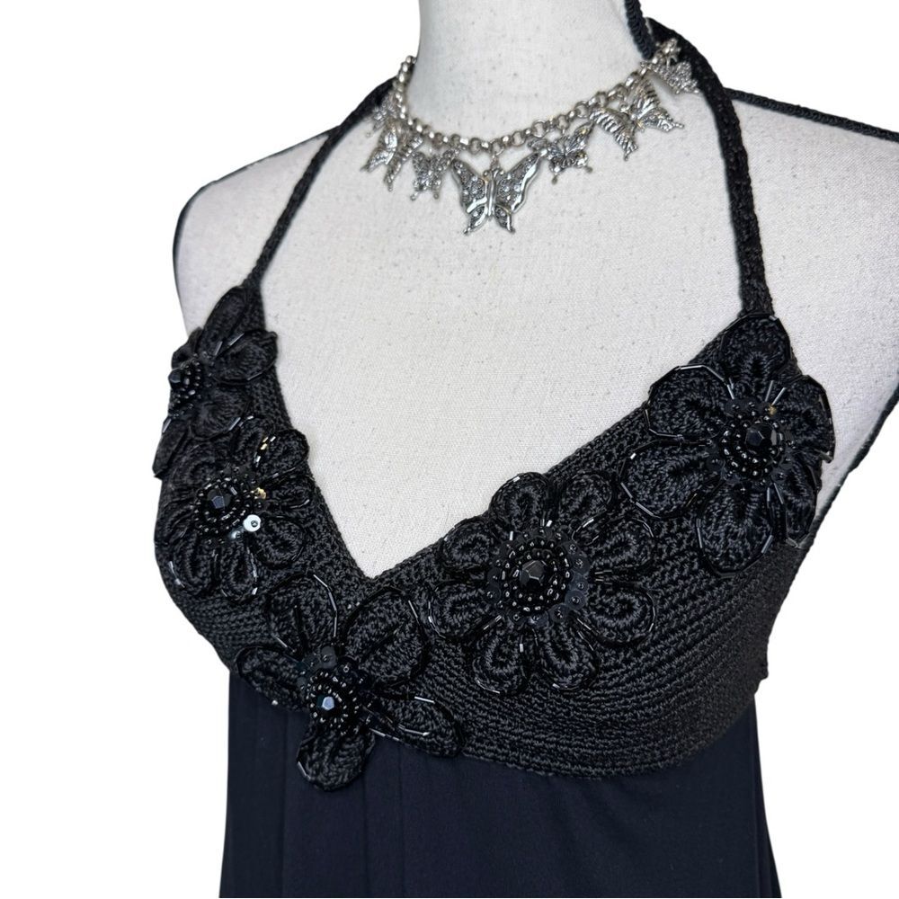 Beaded Black Knit Cotton Mini Backless Halter Dress Size Small